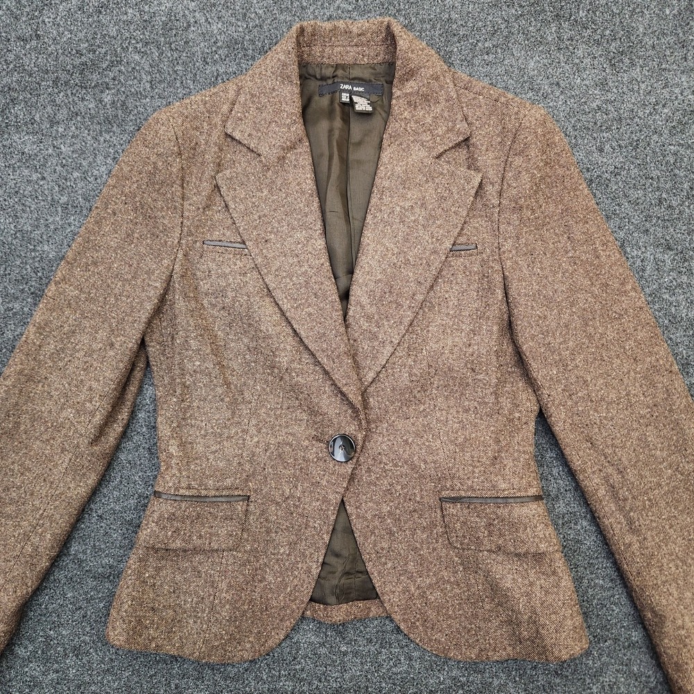 Vintage Zara Basic Womens 6 Brown Tweed Lambswool Wool Blend Blazer Jacket
